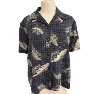 Sag Harbor Petite 100% Silk Black and Beige Feather Print Button-Up Blouse M